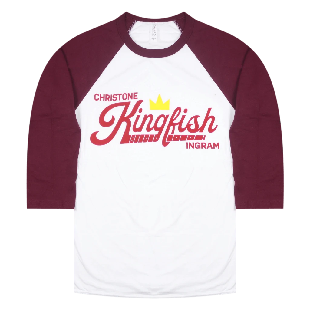Christone "Kingfish" Ingram Homerun White & Maroon Baseball Tee New Merch 1 Christone "Kingfish" Ingram Homerun White & Maroon Baseball Tee New Merch