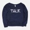 TAUK Logo Womens Navy Flowy Long Sleeve Shoulder T-Shirt